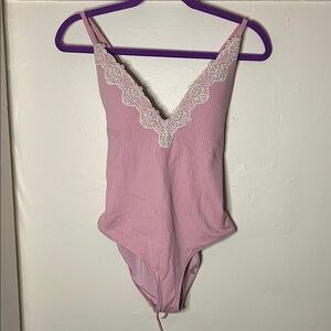 Pink Lace Trim Swimsuit Onepiece